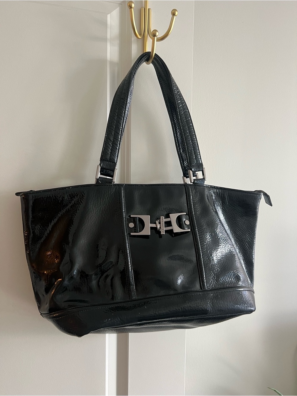 Anne Klein Black Patent Leather Tote Bag with Silver Hardware